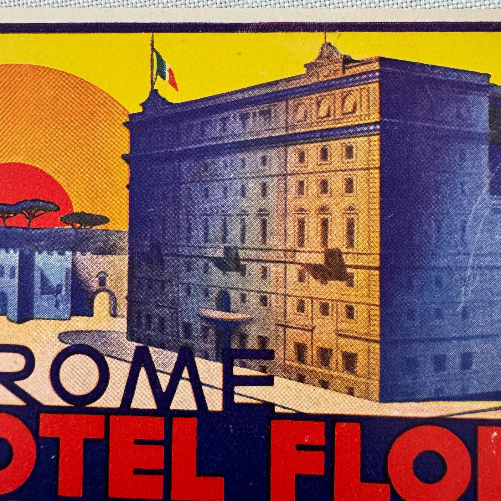 Vintage Hotel Travel Luggage Label Hotel Flora Rome Italy Villa Borghese Italian