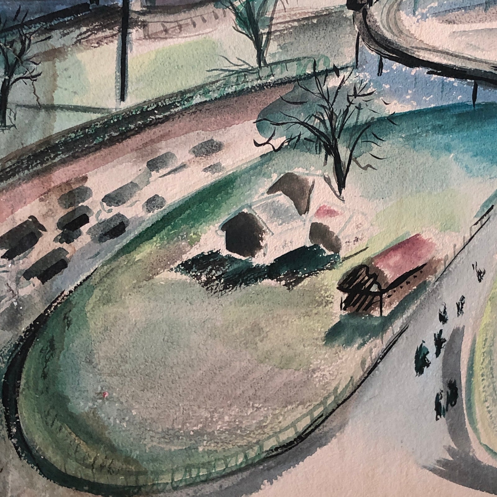 Vintage Painting Art Artwork Artist Arthur E Sudler Buildings Road Water