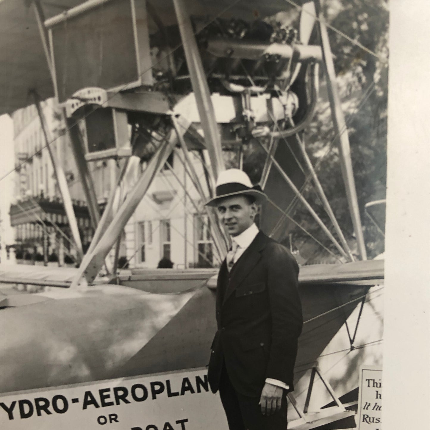 Antique Glass Plate Lantern Slide Men Flying Boat Airplane Aircraft Aviator