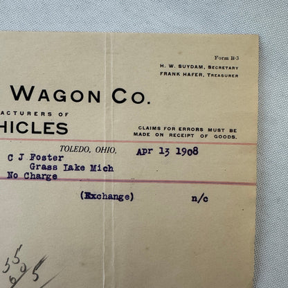 Milburn Wagon Company 1908 Toledo Ohio Invoice Receipt Document Lot 2x Antique