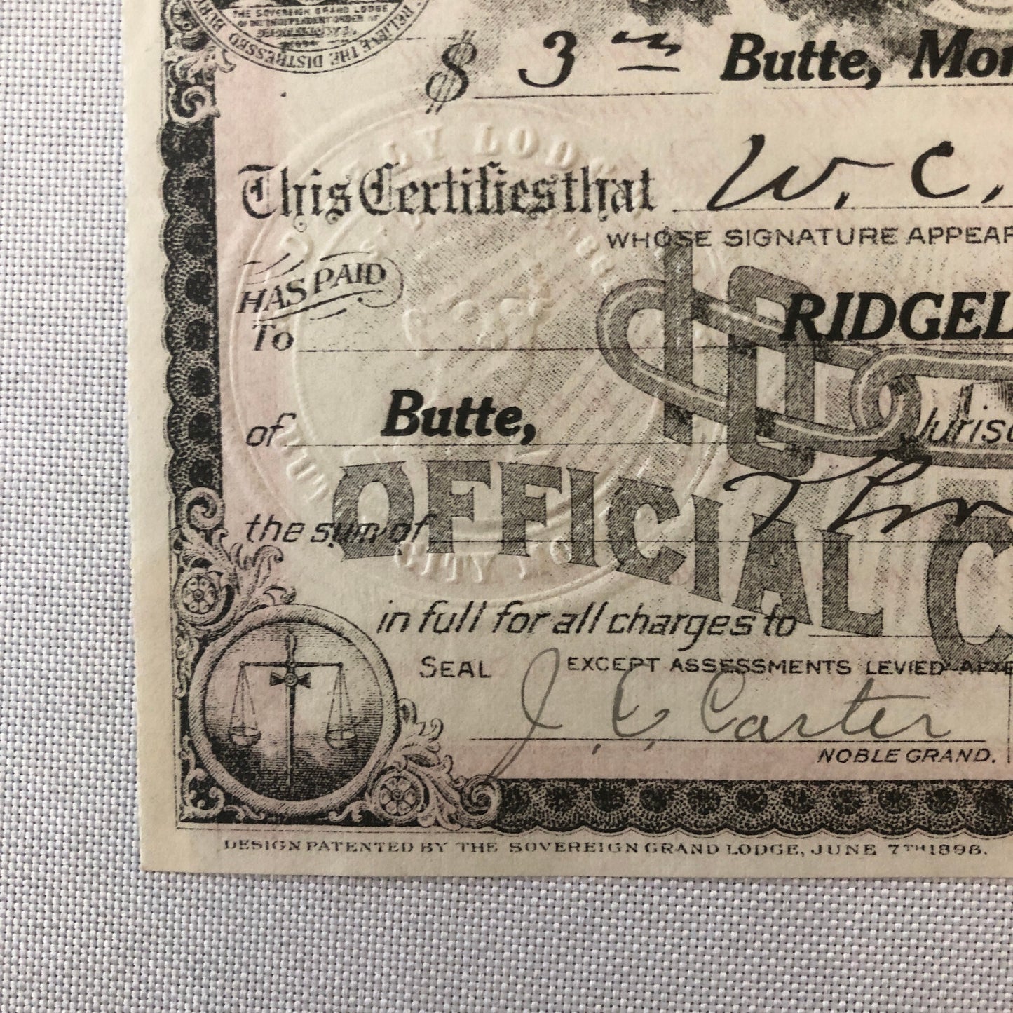 Independent Order of Odd Fellows Official Membership Certificate Document Lot 4x