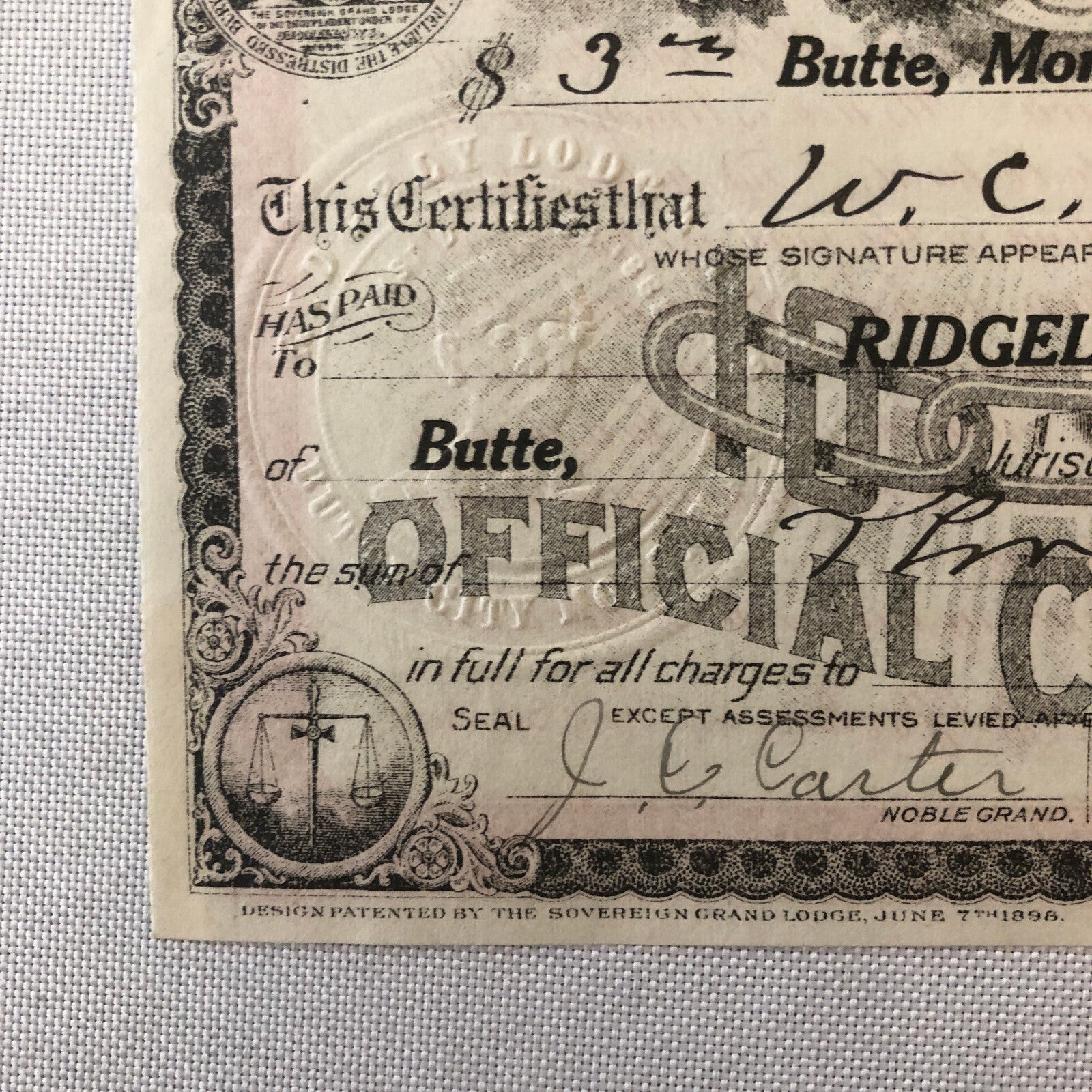 Independent Order of Odd Fellows Official Membership Certificate Document Lot 4x