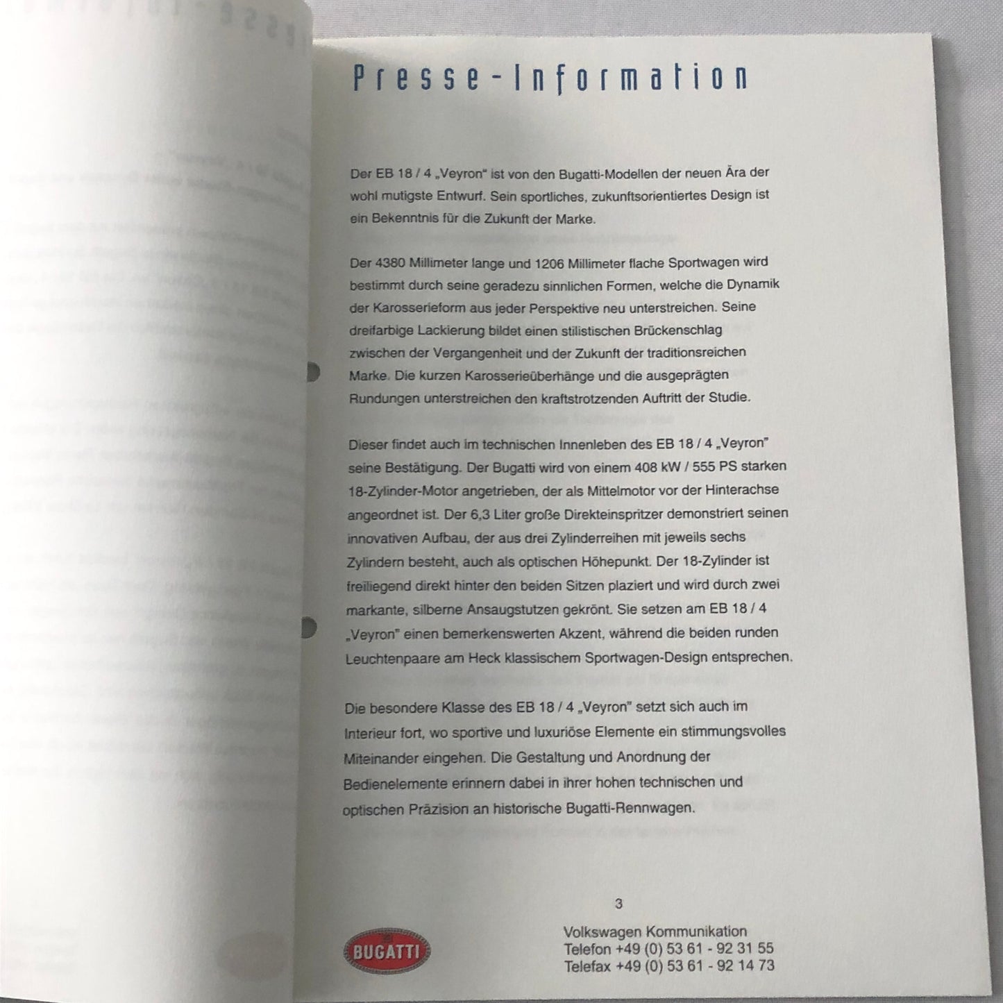 Bugatti Veyron Press Kit Brochure Photos 2002 German Text Bugatti Royale