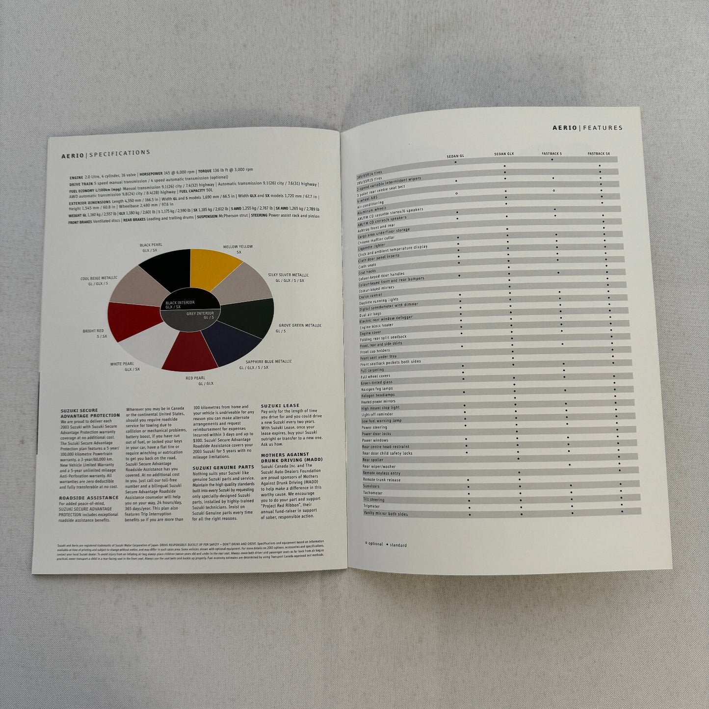 2003 Suzuki Aerio Car Sales Brochure Catalog Sedan GLX Fastback S 5X