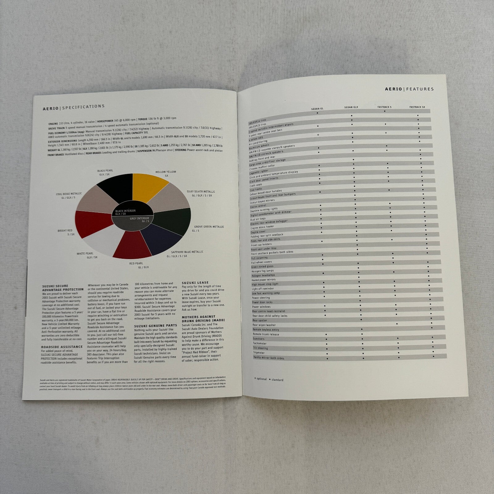 2003 Suzuki Aerio Car Sales Brochure Catalog Sedan GLX Fastback S 5X