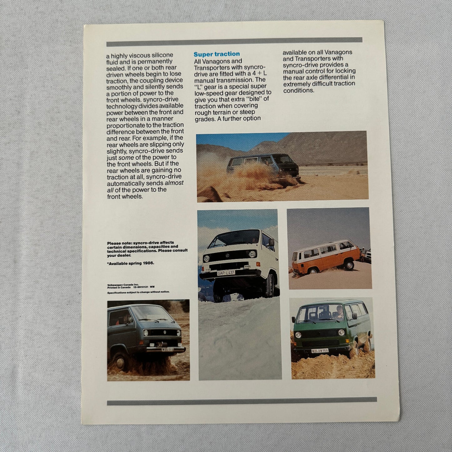 1986 Volkswagen VW Vanagon Van Syncro Drive Sales Sheet Brochure