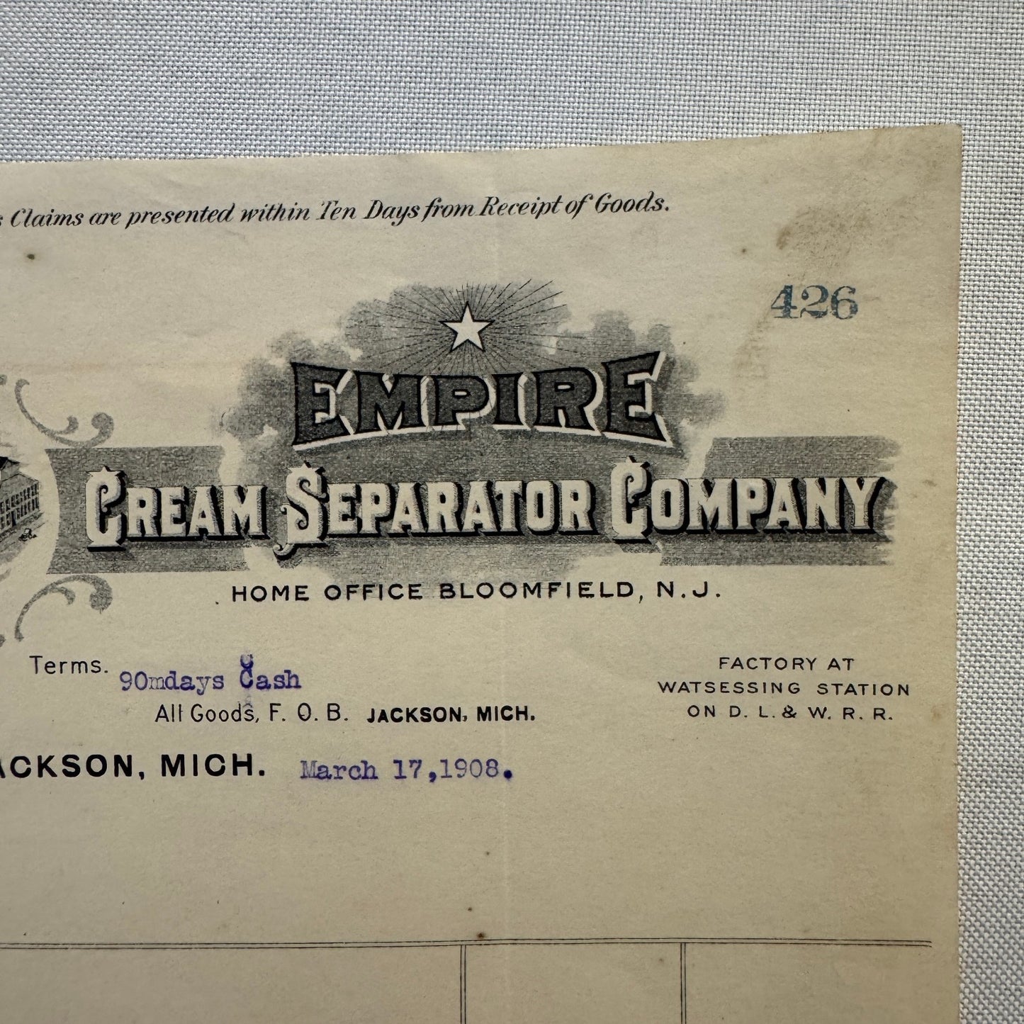 1908 Empire Cream Separator Company Document Invoice Letterhead Bloomfield NJ