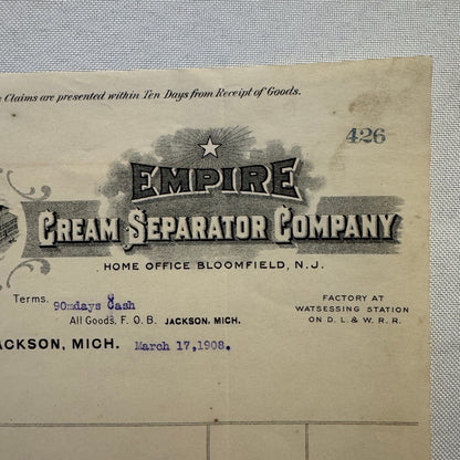 1908 Empire Cream Separator Company Document Invoice Letterhead Bloomfield NJ