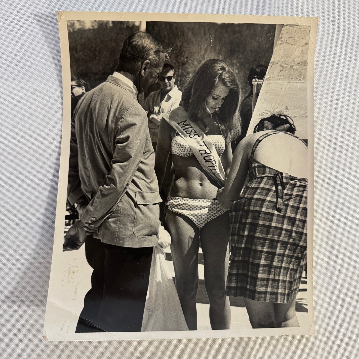 Vintage 1960s Miss Trophy Beauty Contest Bikini Model at Car Race Original Photo