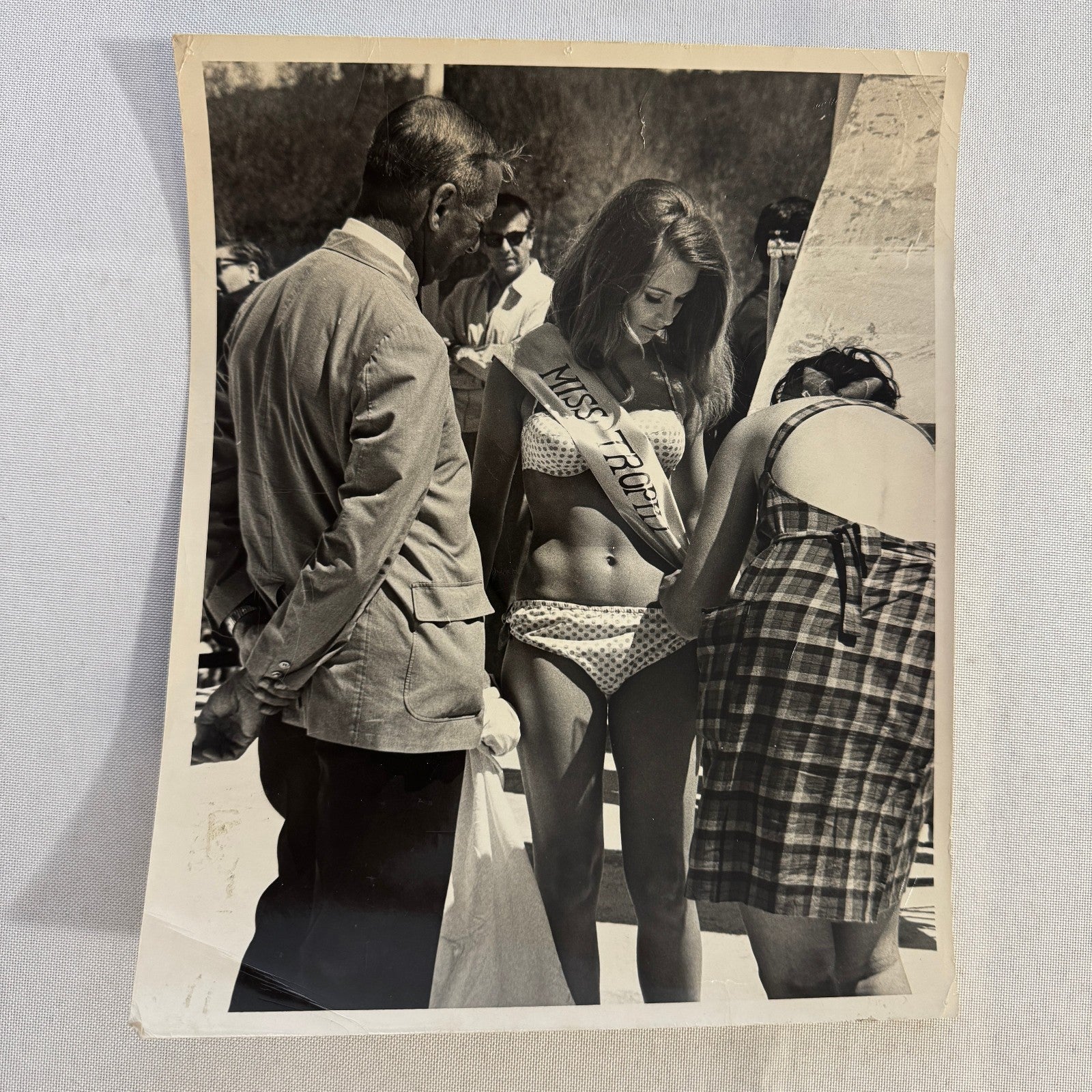 Vintage 1960s Miss Trophy Beauty Contest Bikini Model at Car Race Original Photo