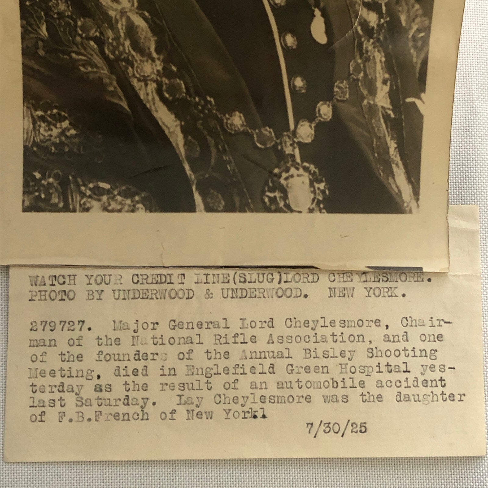Press Photo Photograph National Rifle Association Chairman Killed Car Crash 1925