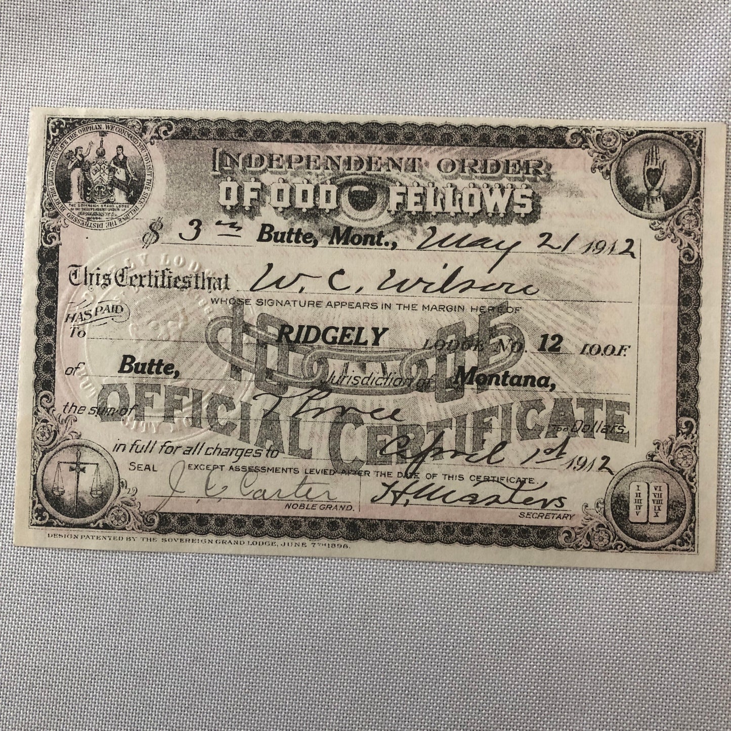 Independent Order of Odd Fellows Official Membership Certificate Document Lot 4x