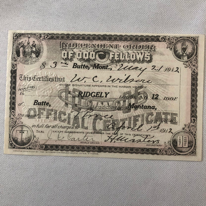 Independent Order of Odd Fellows Official Membership Certificate Document Lot 4x