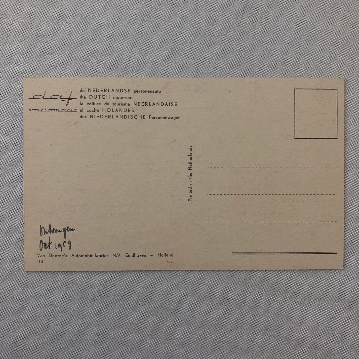 Vintage DAF Car Postcard Post Card Automobile Advertising