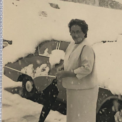 Vintage Photo Photograph Woman with Car Automobile in Snow Storm Germany