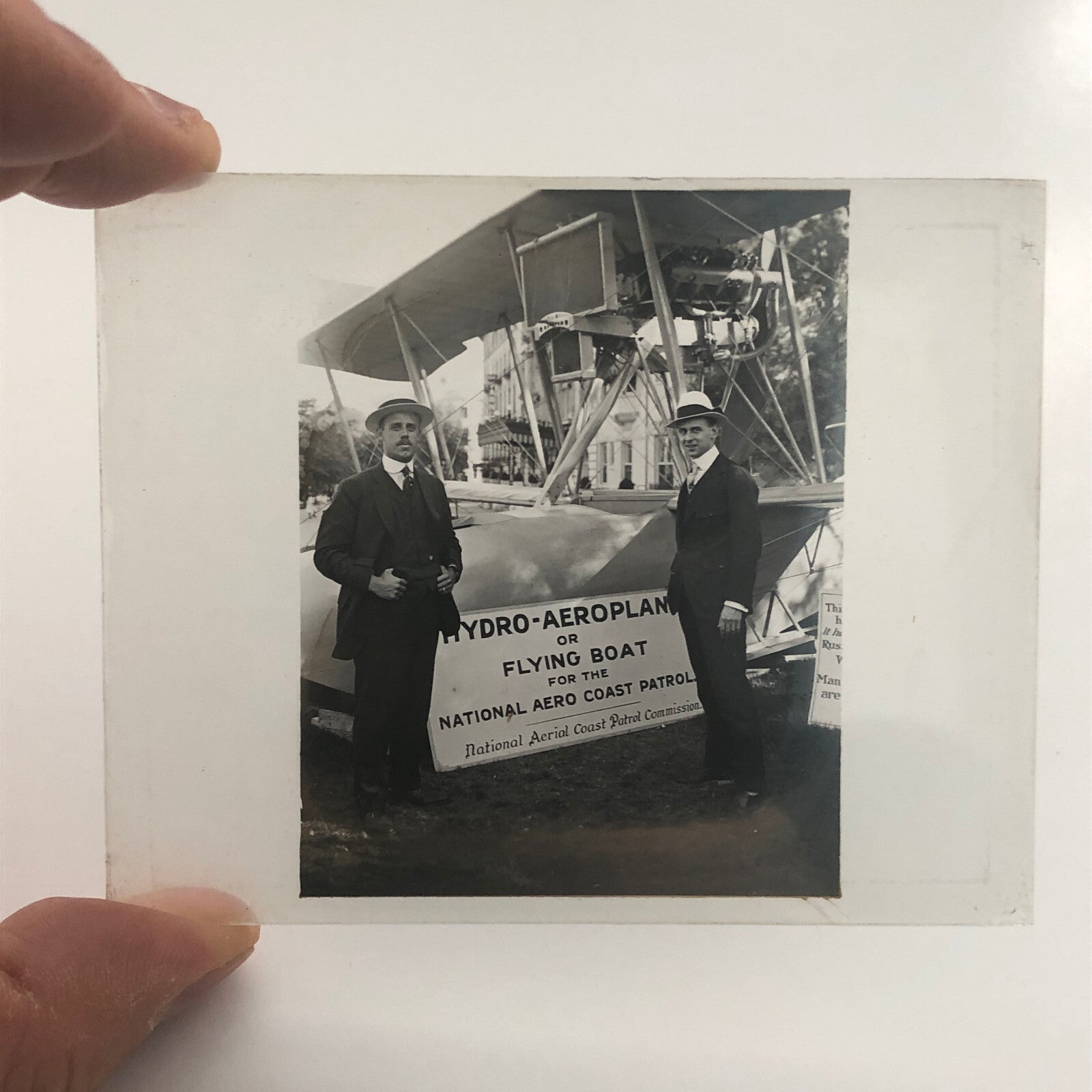Antique Glass Plate Lantern Slide Men Flying Boat Airplane Aircraft Aviator