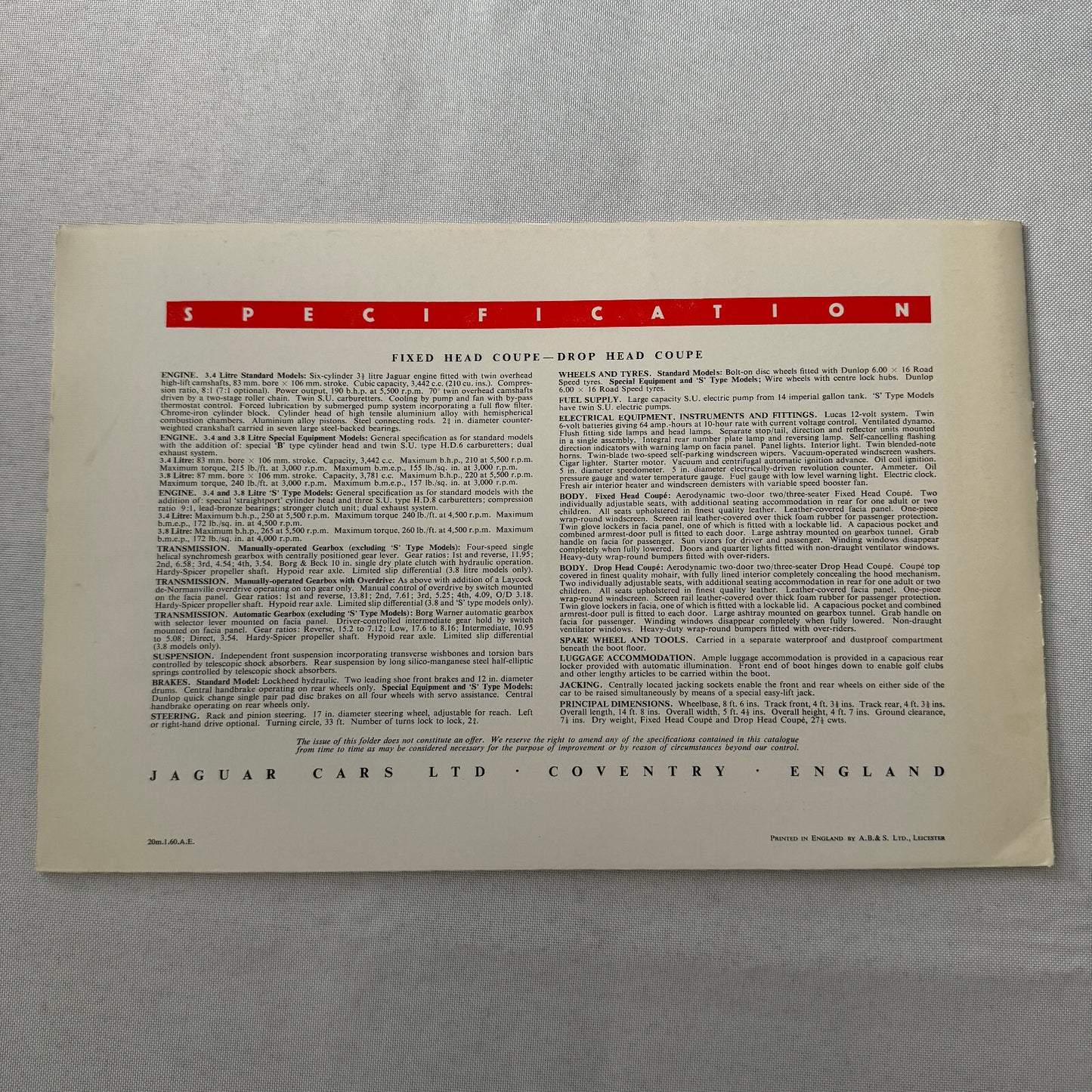 Jaguar XK150 Drophead Convertible and Fixed Head Coupe Sales Brochure Catalog