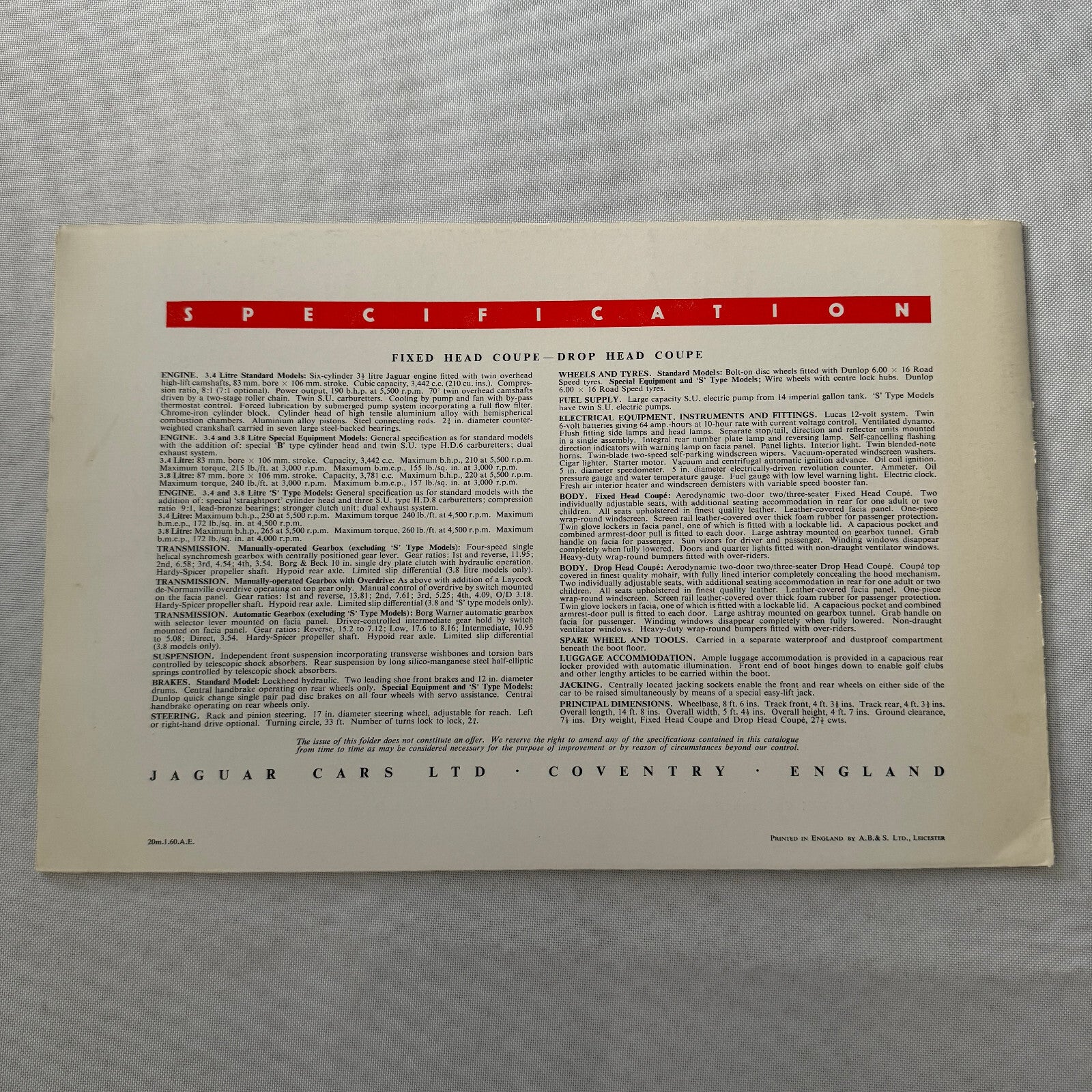 Jaguar XK150 Drophead Convertible and Fixed Head Coupe Sales Brochure Catalog