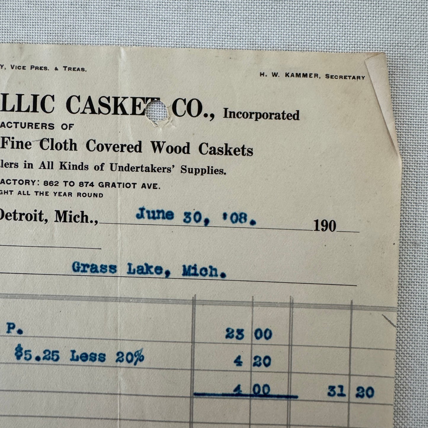 Detroit Metallic Casket Company 1908 Invoice Receipt Document Lot 3x Funeral