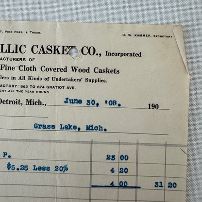 Detroit Metallic Casket Company 1908 Invoice Receipt Document Lot 3x Funeral