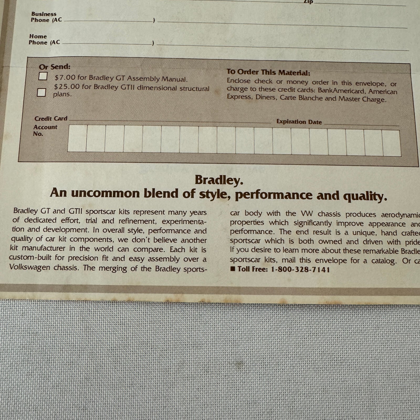 Bradley GT GTII Sports Car Brochure Request Envelope Mailer Advertising