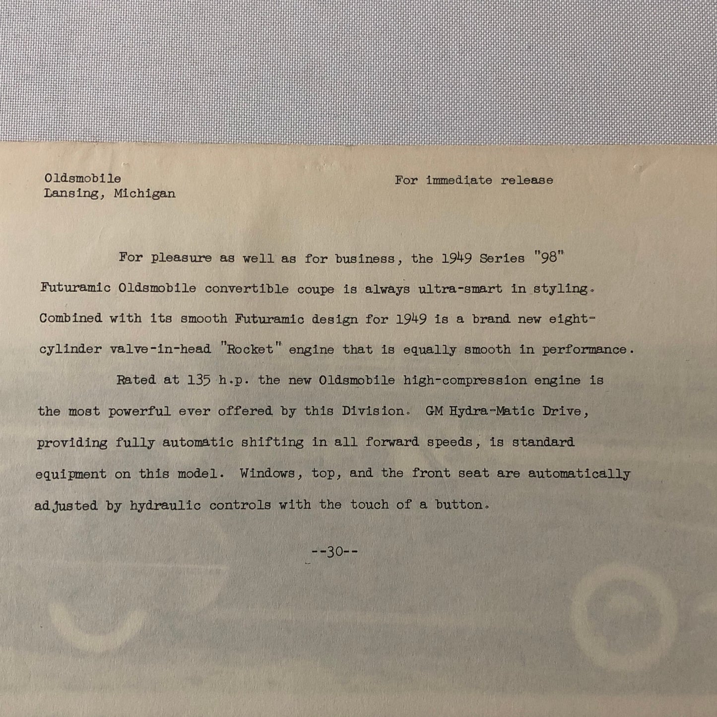 1949 Oldsmobile Series 98 Futuramic Convertible Factory Press Photo Photograph