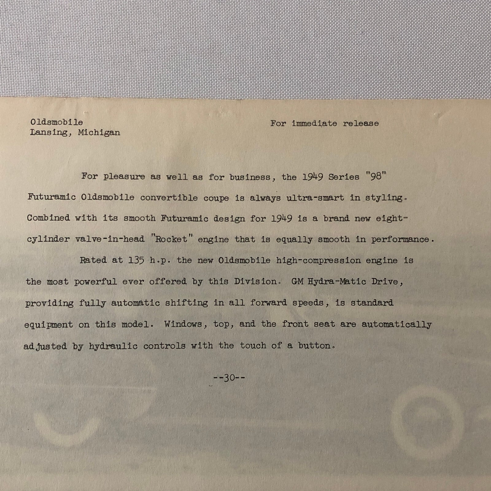 1949 Oldsmobile Series 98 Futuramic Convertible Factory Press Photo Photograph