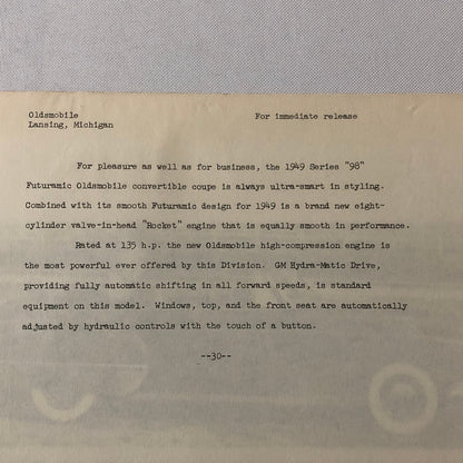 1949 Oldsmobile Series 98 Futuramic Convertible Factory Press Photo Photograph