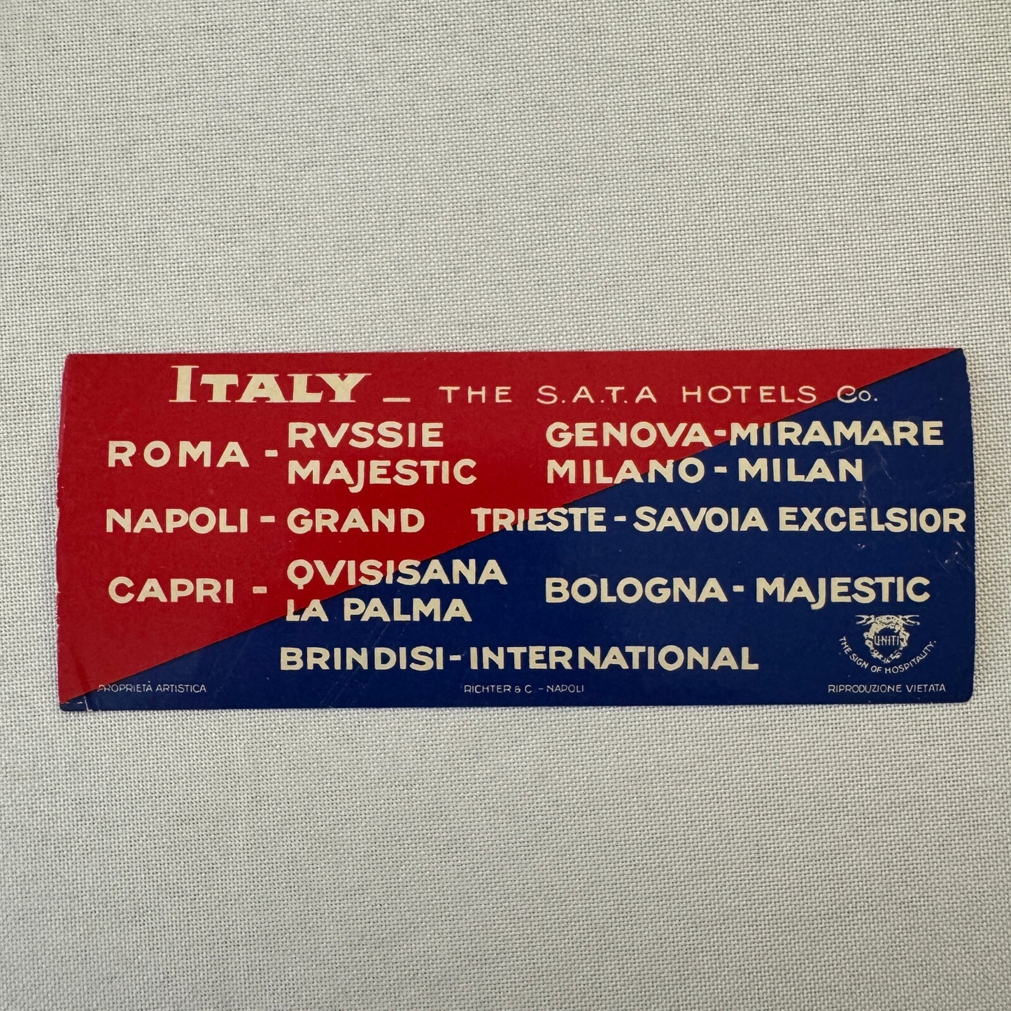 Vintage Hotel Travel Label Italy Italian SATA Hotels Company Rome Naples Capri