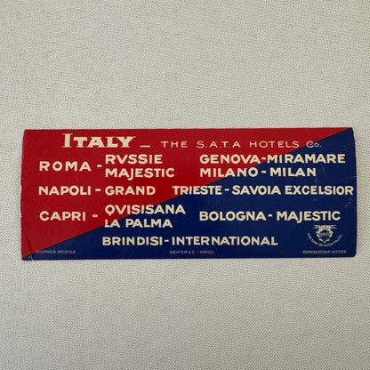 Vintage Hotel Travel Label Italy Italian SATA Hotels Company Rome Naples Capri