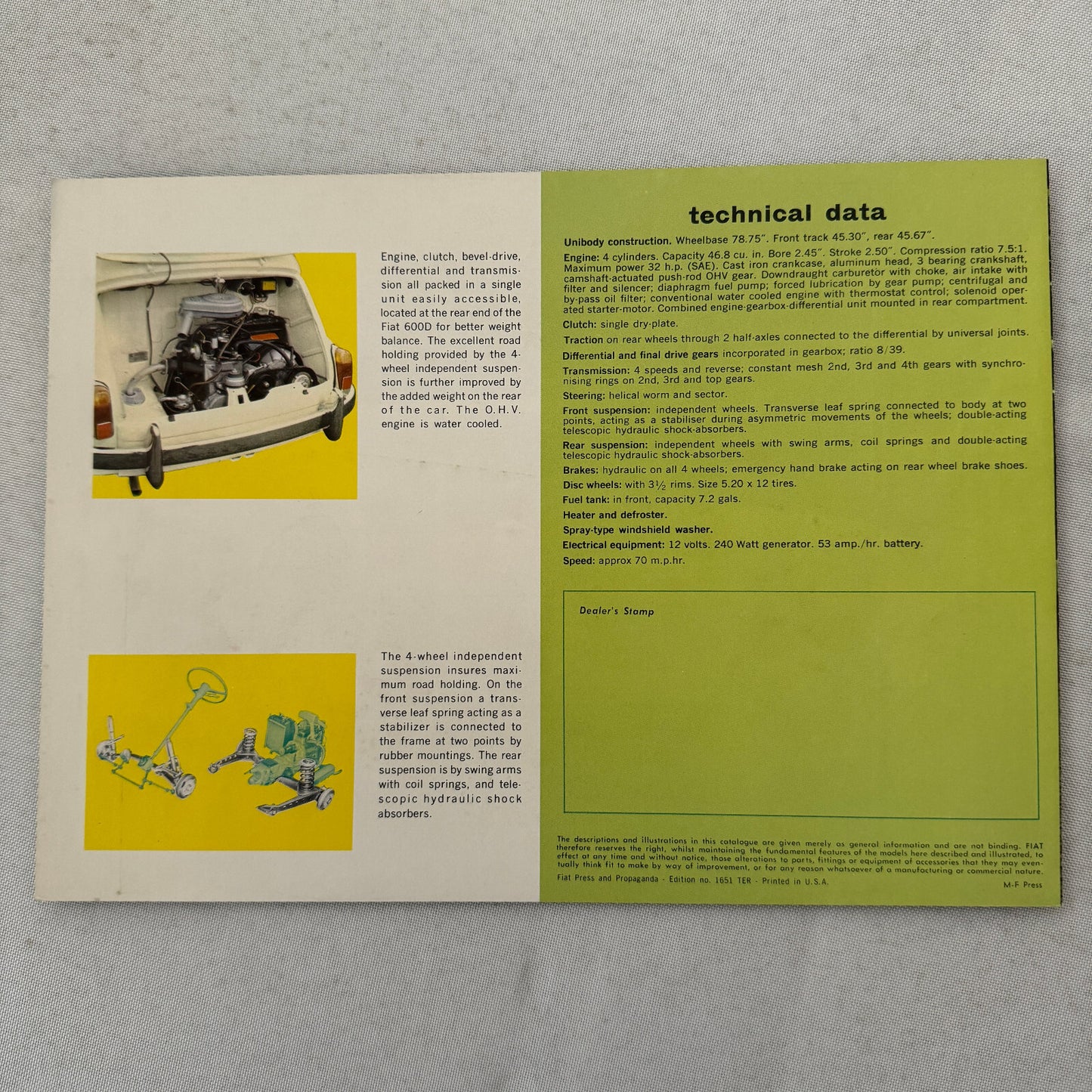 Fiat 600D Car Sales Brochure Catalog Advertising Vintage Fiat 600 D