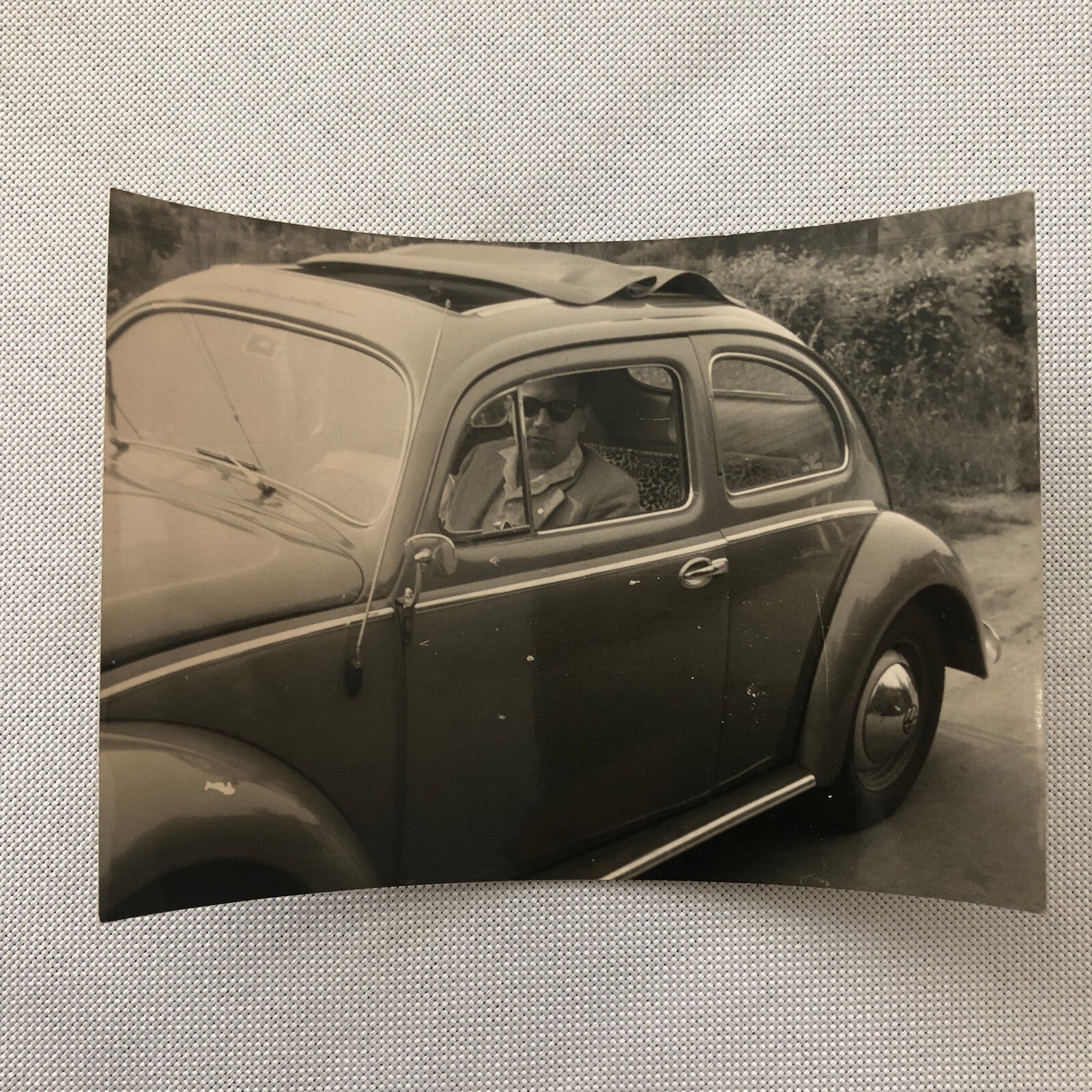 Vintage Photo Photograph Snapshot Man in VW Volkswagen Beetle Bug Car