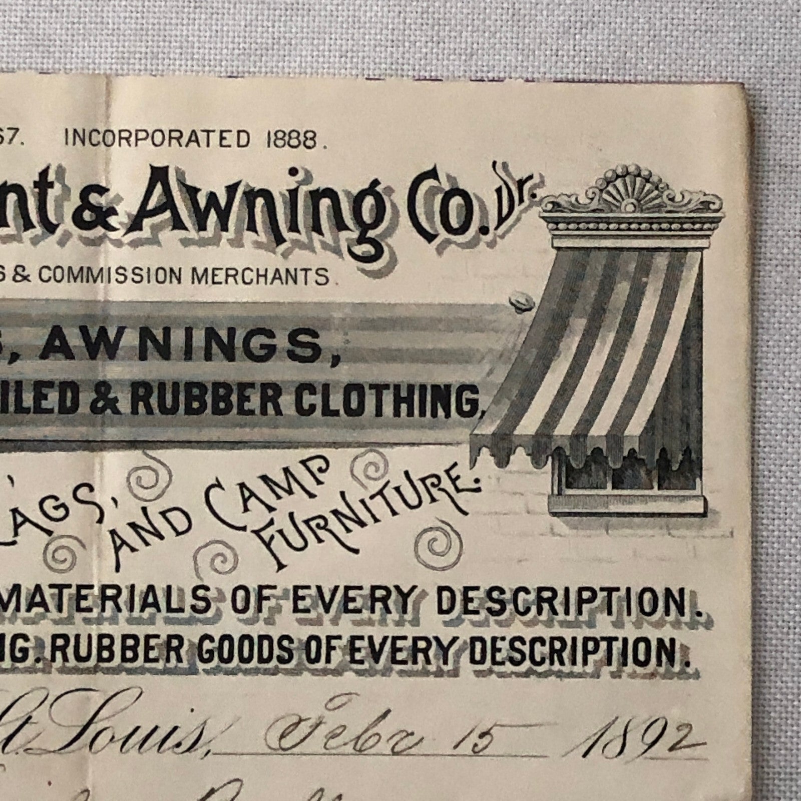 1892 Zittlosen Tent and Awning Company Advertisign Billhead Letterhead Document