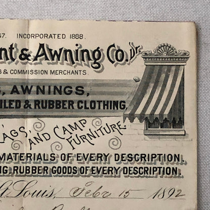 1892 Zittlosen Tent and Awning Company Advertisign Billhead Letterhead Document