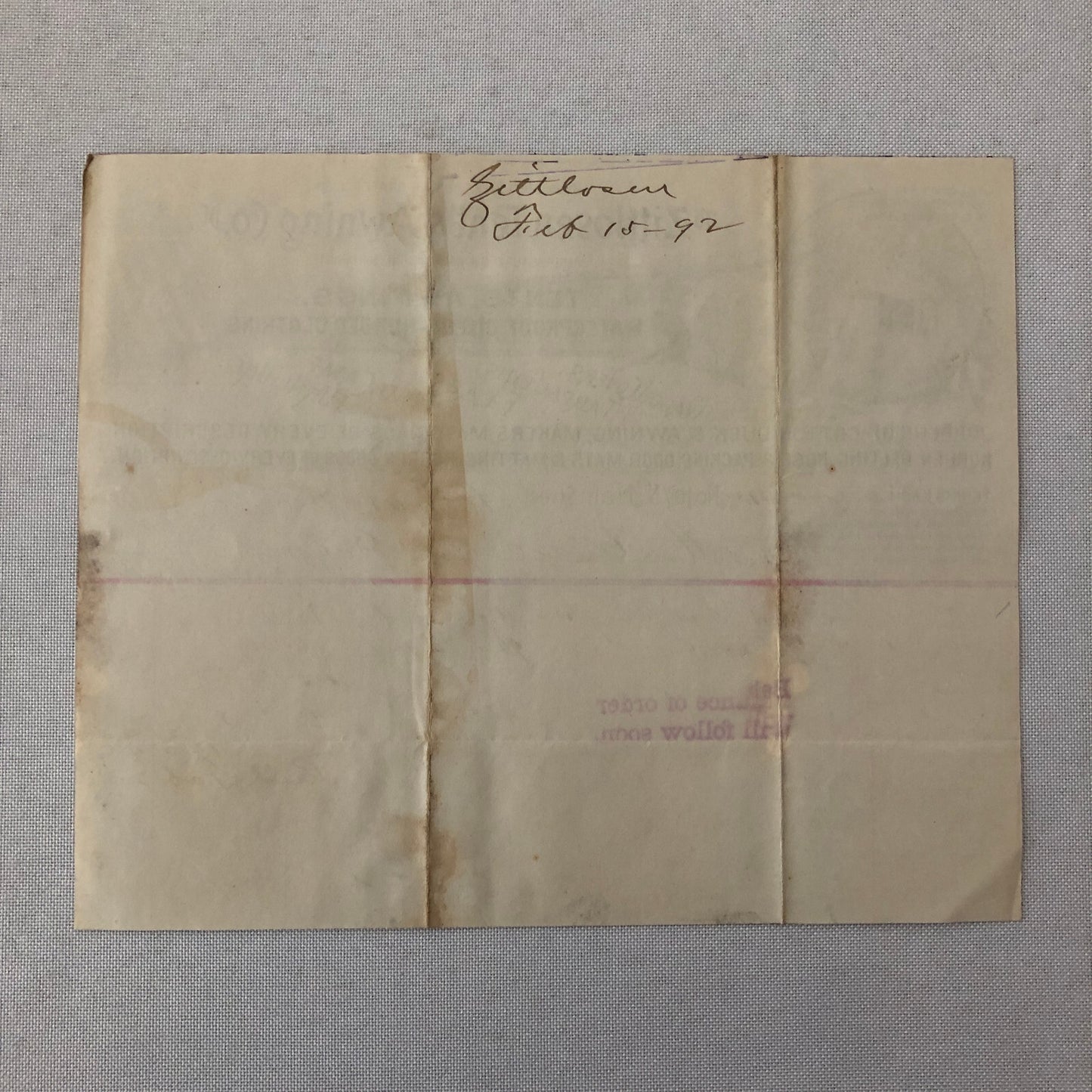 1892 Zittlosen Tent and Awning Company Advertisign Billhead Letterhead Document