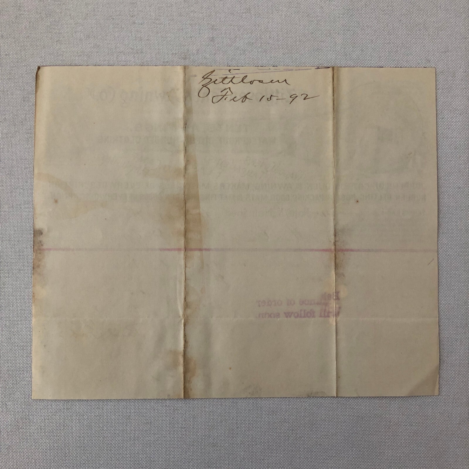 1892 Zittlosen Tent and Awning Company Advertisign Billhead Letterhead Document