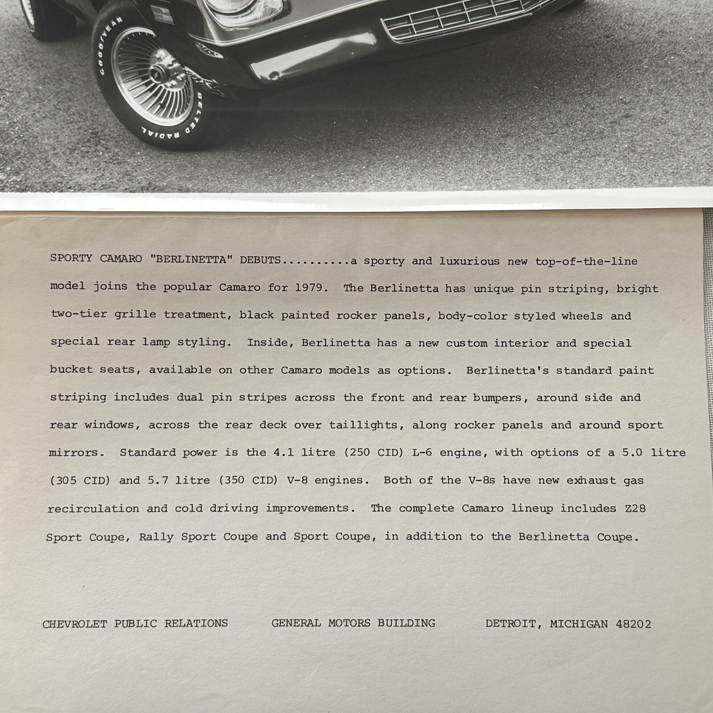 1979 Chevrolet Camaro Berlinetta Factory Press Publicity Photo Photograph Chevy