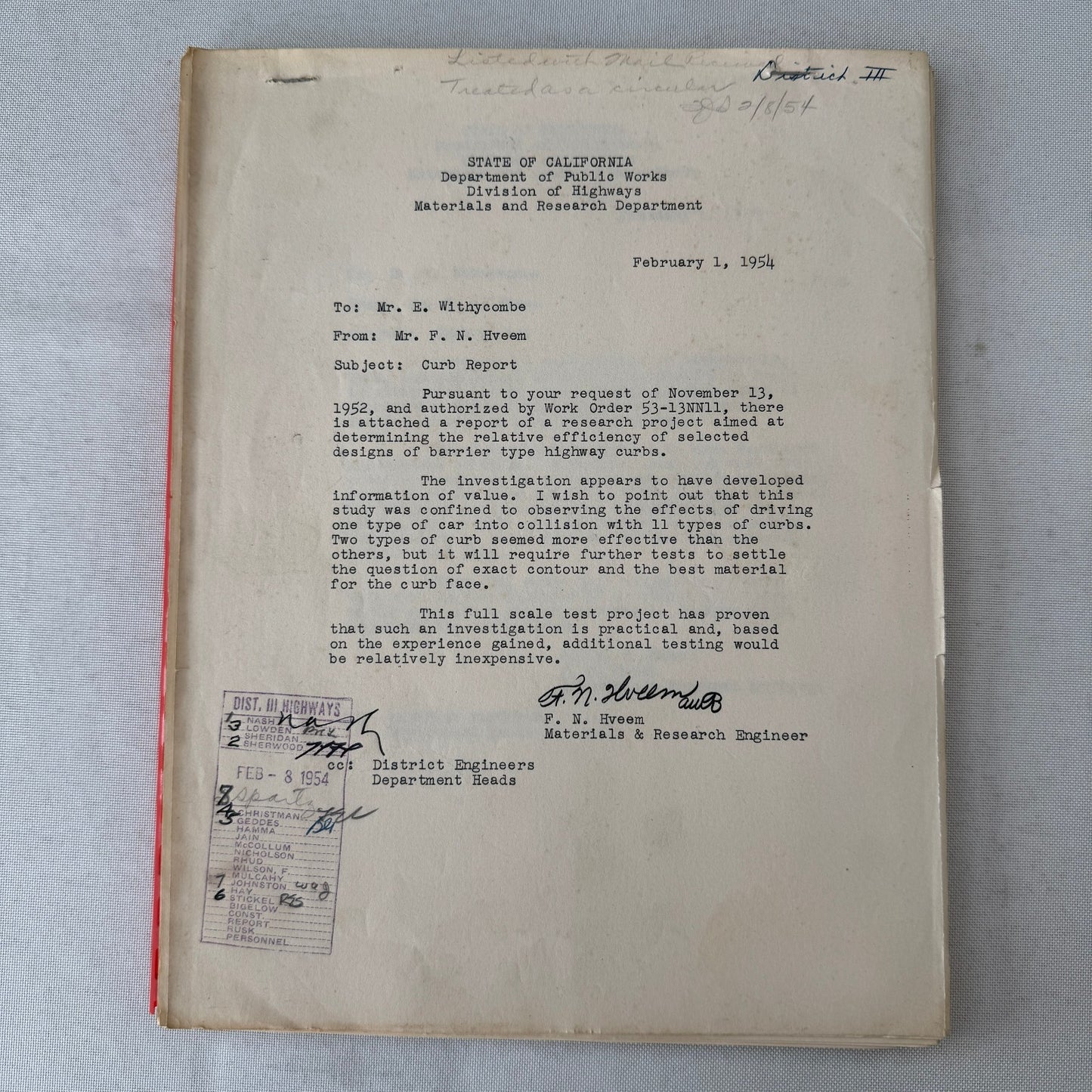 1953 California Civil Engineering Road Construction Report Curb Test Automobile