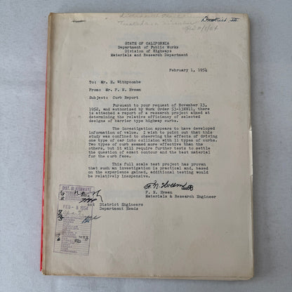 1953 California Civil Engineering Road Construction Report Curb Test Automobile