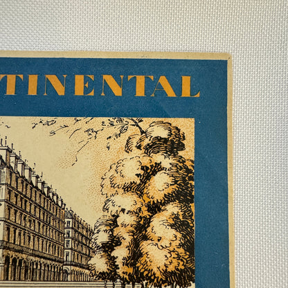 Vintage Travel Luggage Label Hotel Continental Paris France French