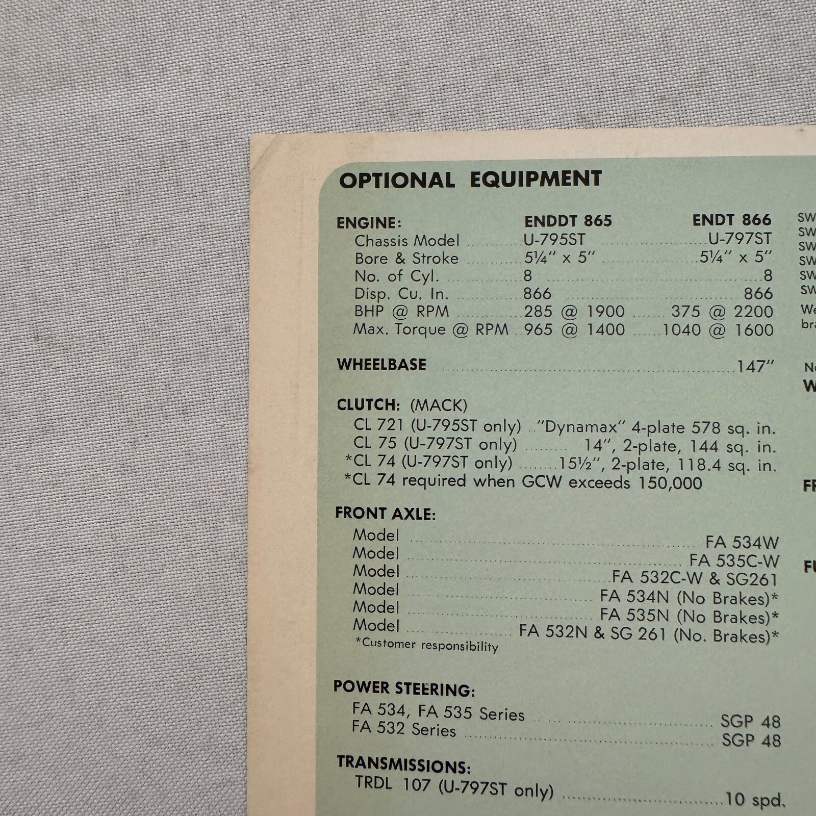 Mack Truck Model U-700ST Series Sales Brochure Catalog Mack U700 ST U700ST