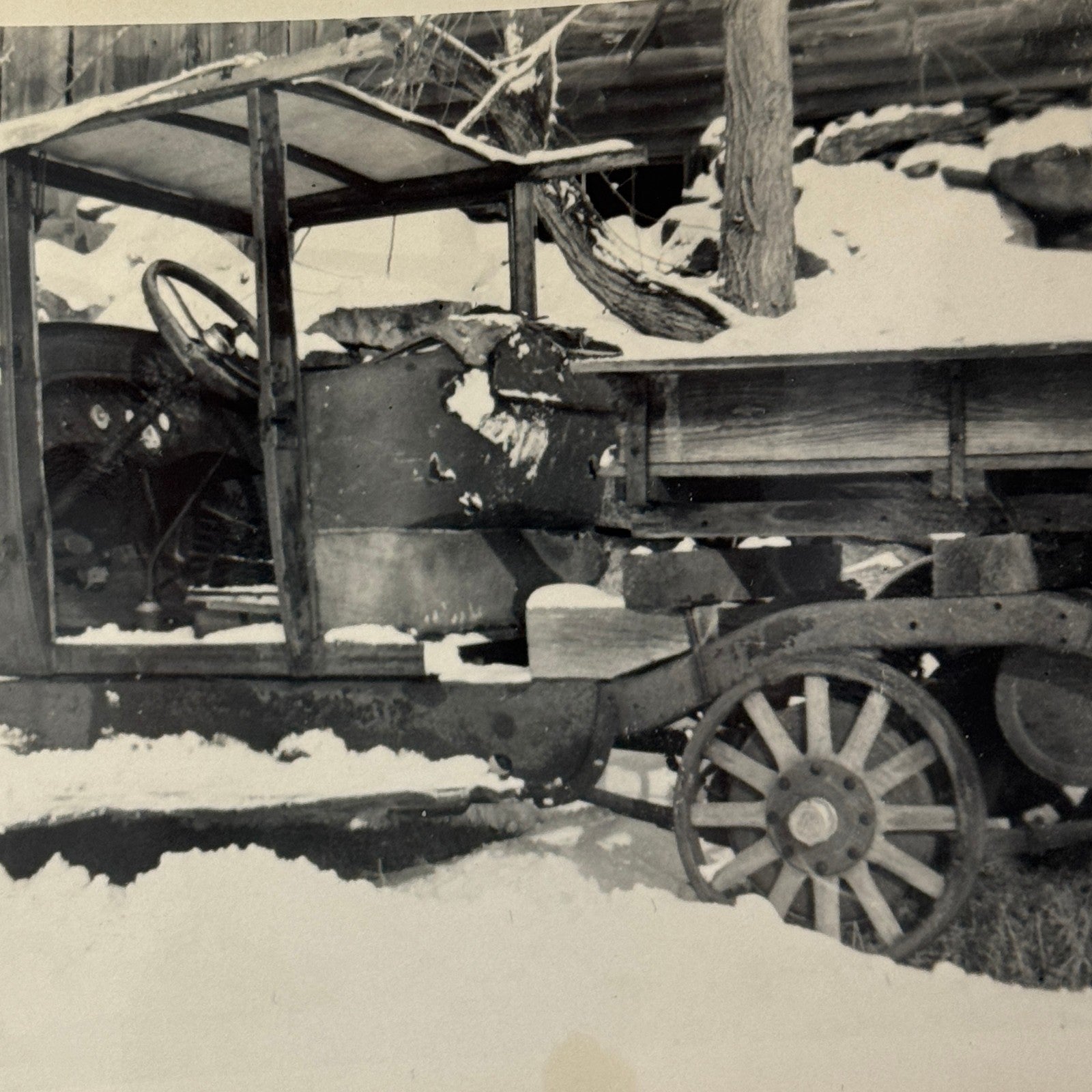 Vintage Truck Photo Photograph Print Snapshot Jalopy Barn Find Junkyard in Snow