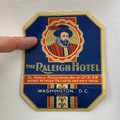 Vintage Travel Luggage Label The Raleigh Hotel Washington DC Pennsylvania Ave