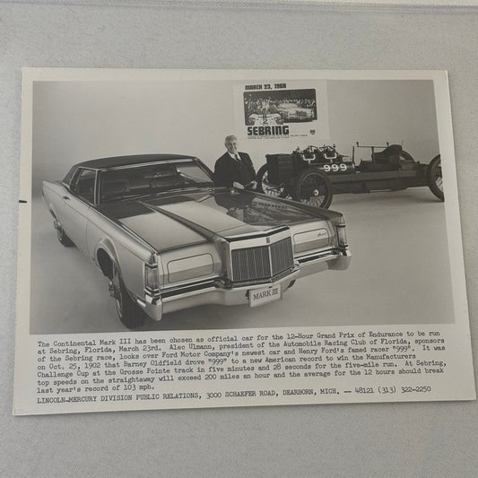 Lincoln Continental Mark III Vintage Press Photo Photograph Car Sebring 1968