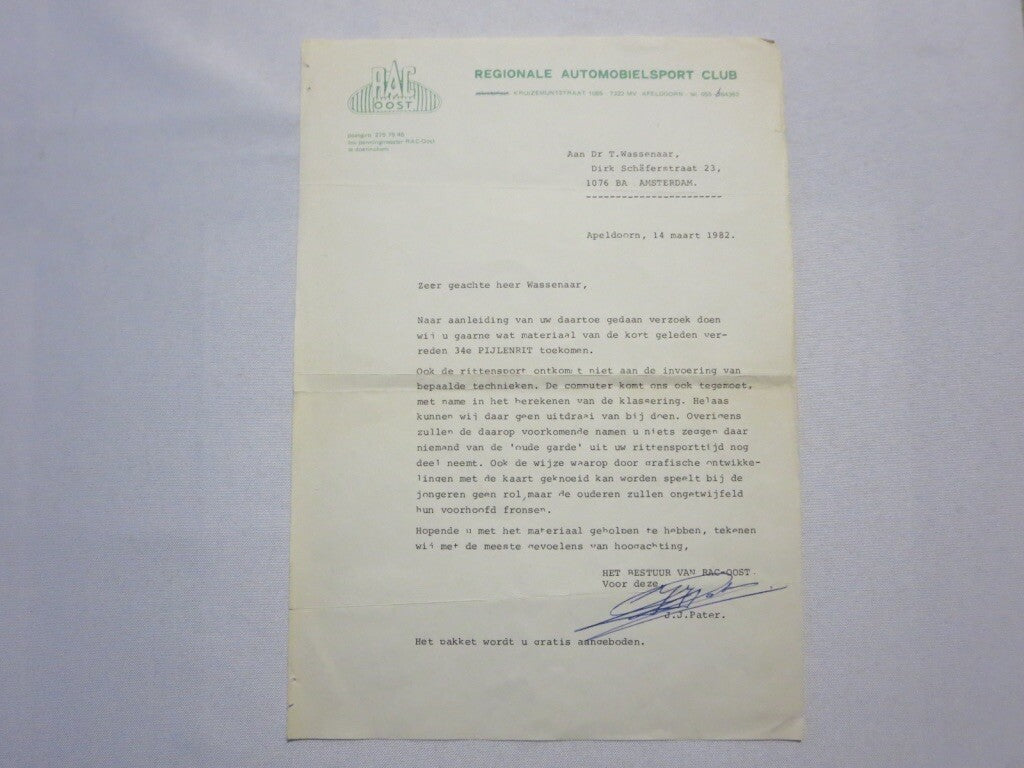 1982 RAC Regionale Automobielsport Club Oost Car Rally Racing Letter Letterhead