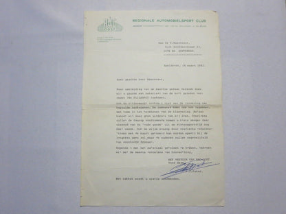 1982 RAC Regionale Automobielsport Club Oost Car Rally Racing Letter Letterhead