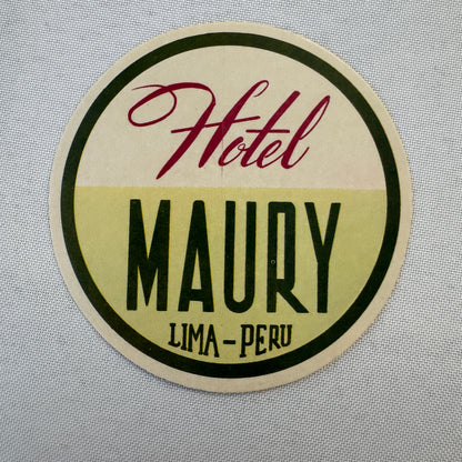 Vintage Hotel Travel Label Hotel Maury Lima Peru Peruvian