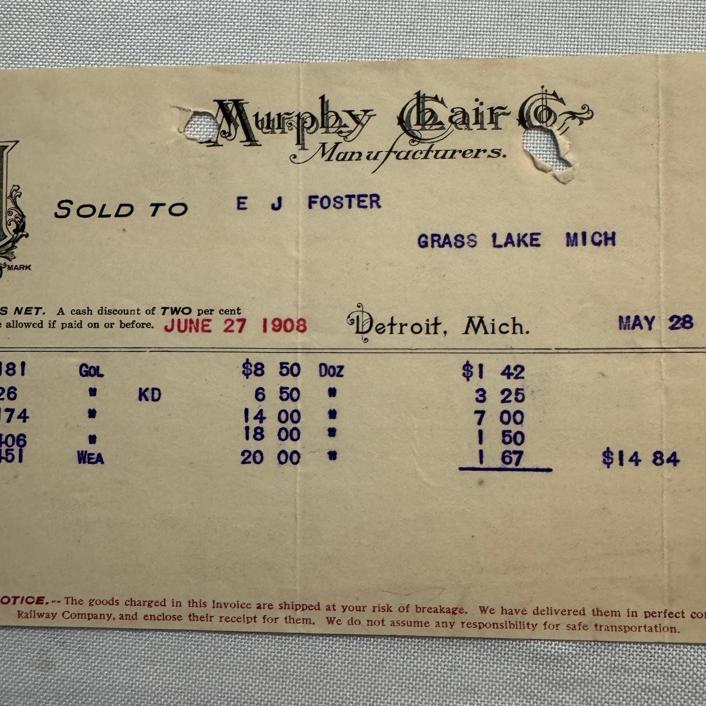 Murphy Chair Company Detroit Michigan Receipt Document Letterhead 1908 Lot 2x