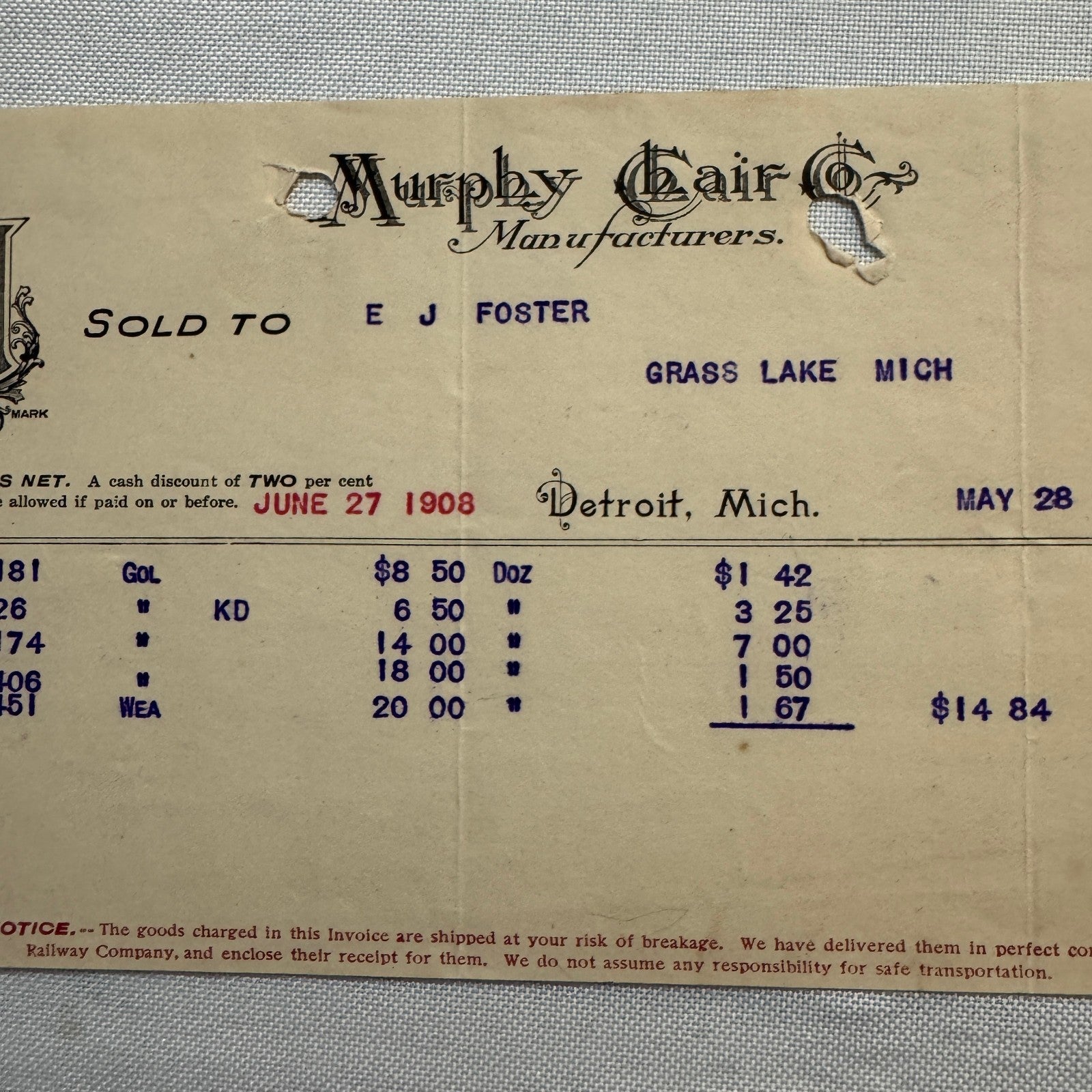 Murphy Chair Company Detroit Michigan Receipt Document Letterhead 1908 Lot 2x