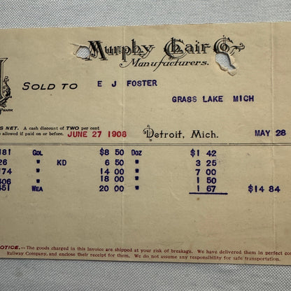 Murphy Chair Company Detroit Michigan Receipt Document Letterhead 1908 Lot 2x